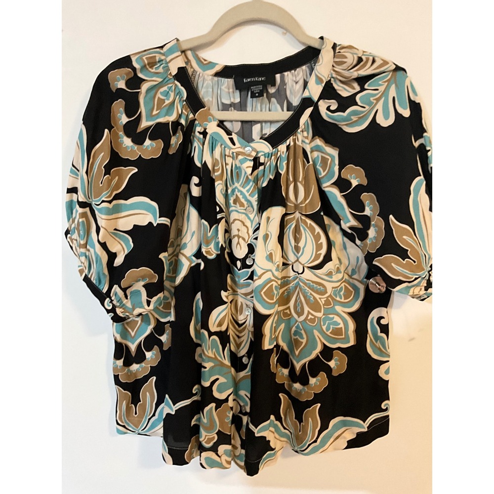 Karen Kane Women Turquoise Black Paisley Floral Button Front Blouse Top Size S